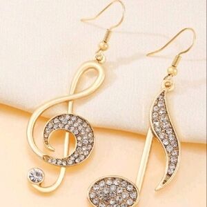 Gold Rhinestone Musical Note Earrings - New